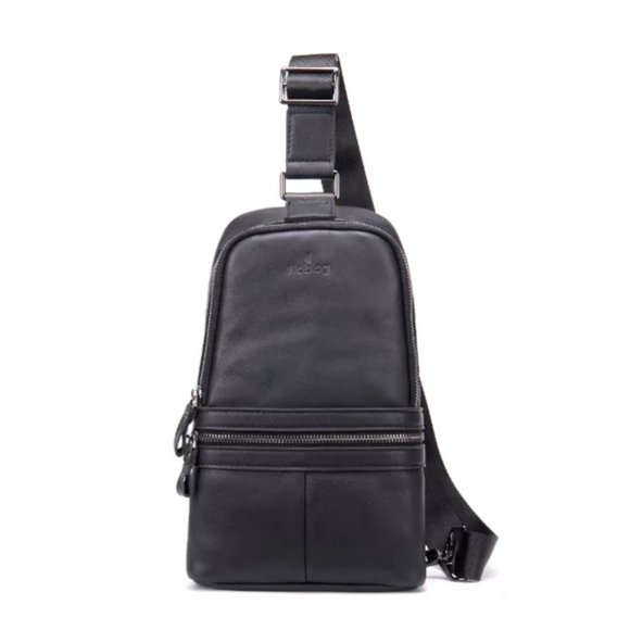 Noblag Tim Large Black Genuine Leather Sling Bags Chest Bags